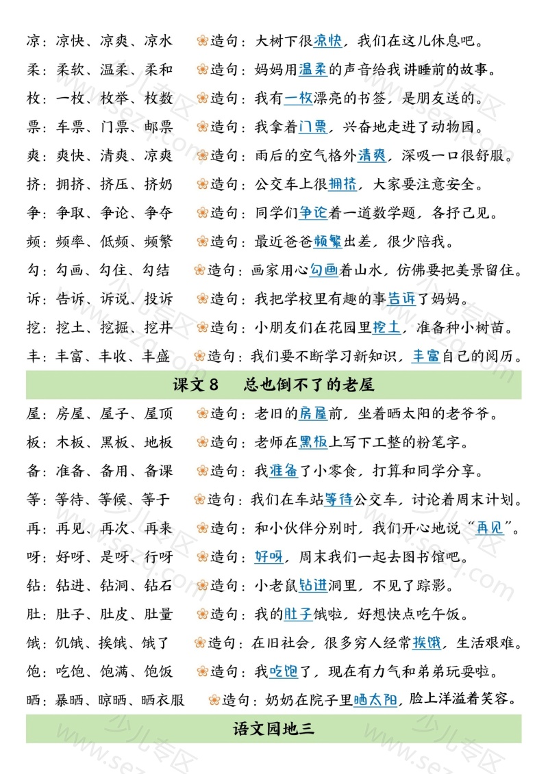 文档 二升三暑假晨读必备三上语文生字组词造句 的截图预览 3
