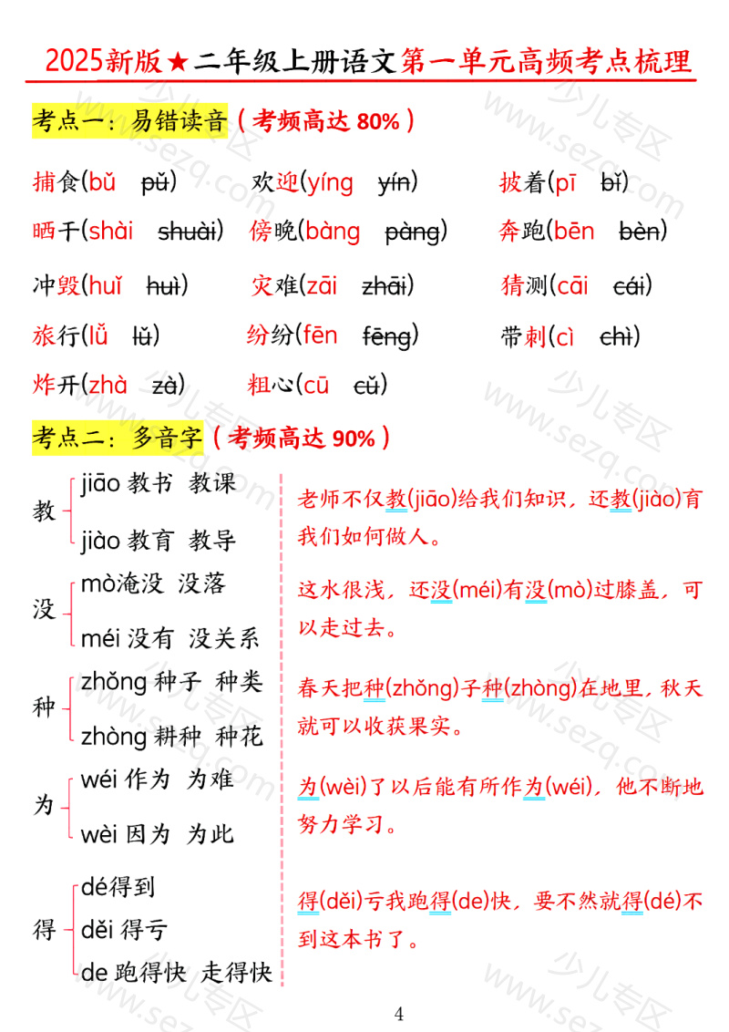文档 二上语文【2025秋1-2单元高频考点梳理】 的截图预览 1