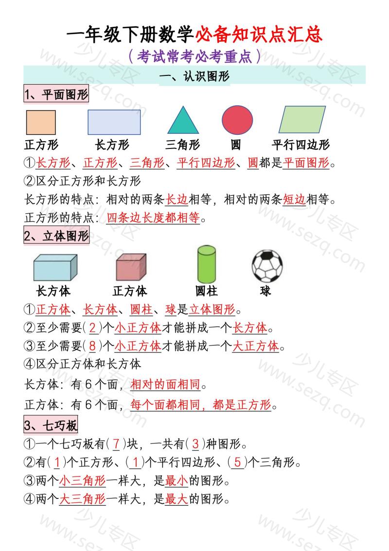 文档 一年级下册数学全册知识点汇总 的截图预览 1