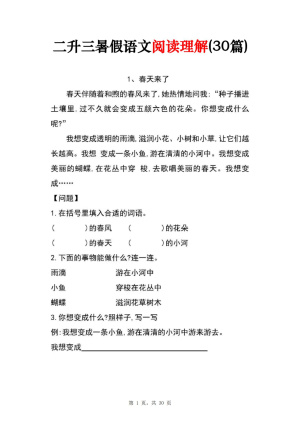 二升三暑假作业语文阅读理解（30篇）不含答案（30页）