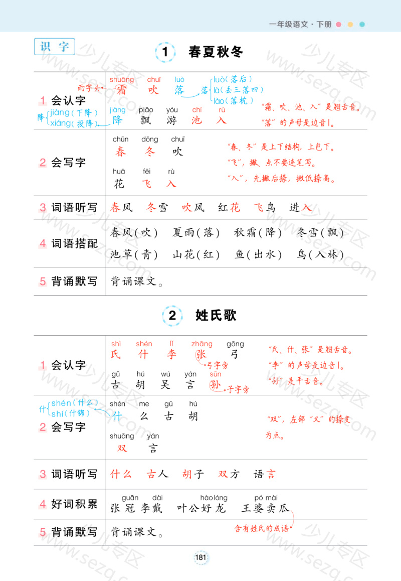 文档 25春一年级下册语文每课重点背记清单 的截图预览 1