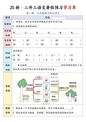 25新版二升三三年级上册语文暑假预习学习单（26页）