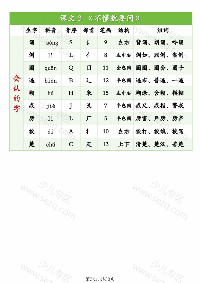 文档 25秋新版教材三年级语文上册写字表识字表《生字组词》 的截图预览 3