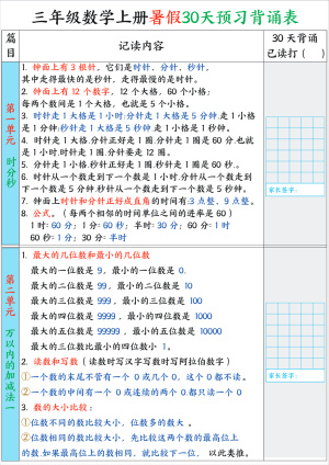 二升三数学【暑假30天预习背诵表】（4页）