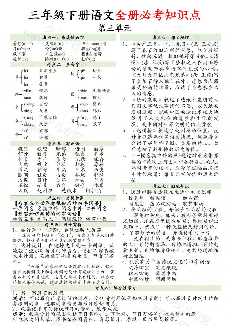 文档 三下语文全册1-8单元必考知识点汇总 的截图预览 3
