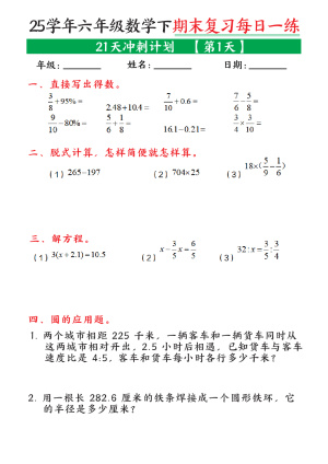 25学年六年级数学下学期期末复习每日一练（21天冲刺计划0）（21页）