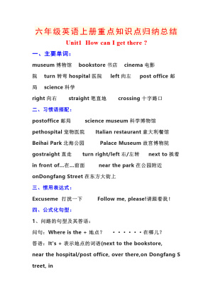 六上人教PEP版英语【重点知识点归纳总结】（19页）