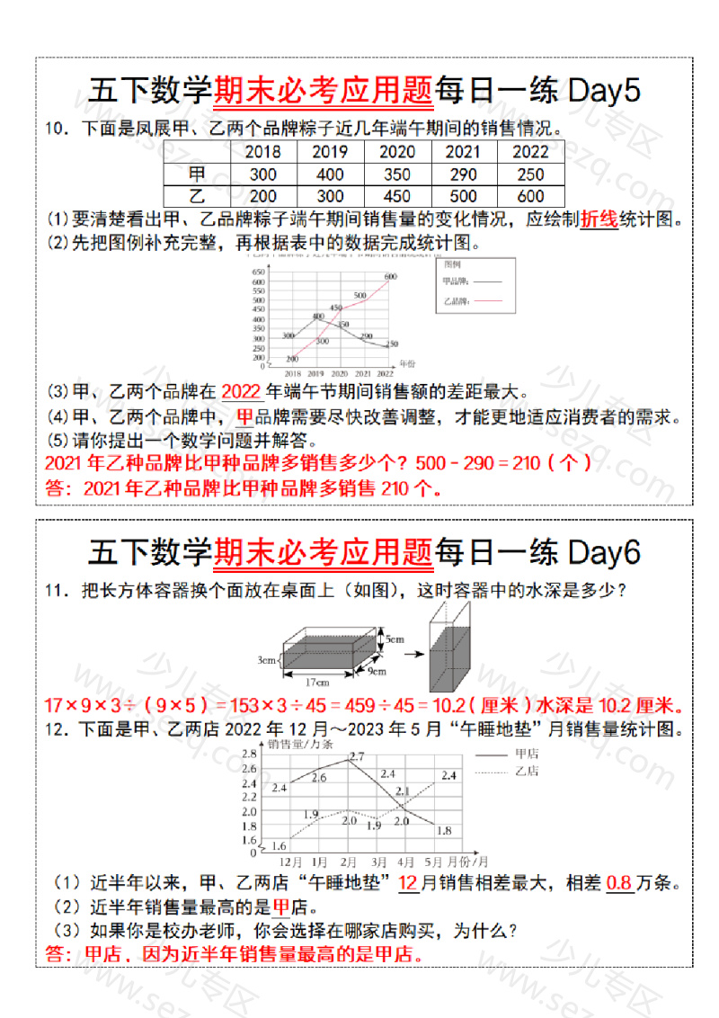 文档 五年级数学通用版五下数学期末必考应用题每日一练(答案版) 的截图预览 3