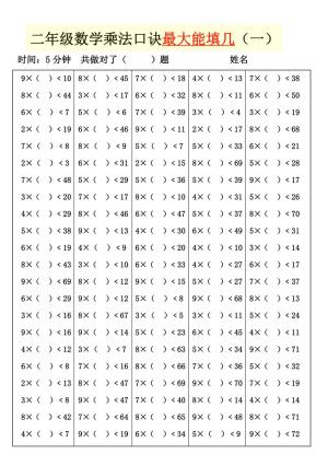 二年级乘法最大和最小能填几（6页）