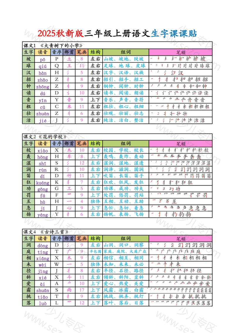 文档 25秋新版三上语文生字课课贴 的截图预览 1