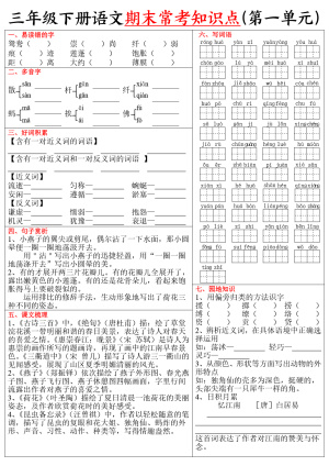 三下语文期末1-8单元常考各单元知识点（含答案）（16页）