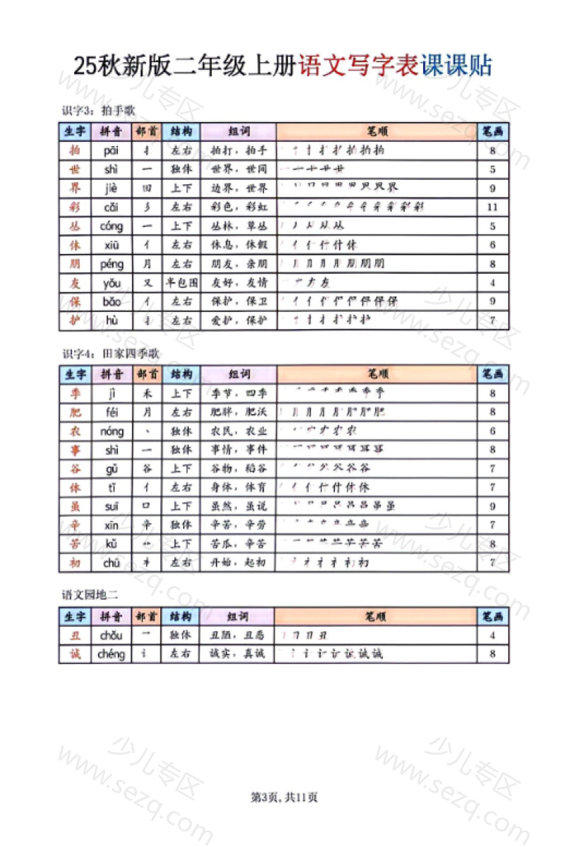 文档 25秋季（新版）二年级上册语文写字表课课贴 的截图预览 3