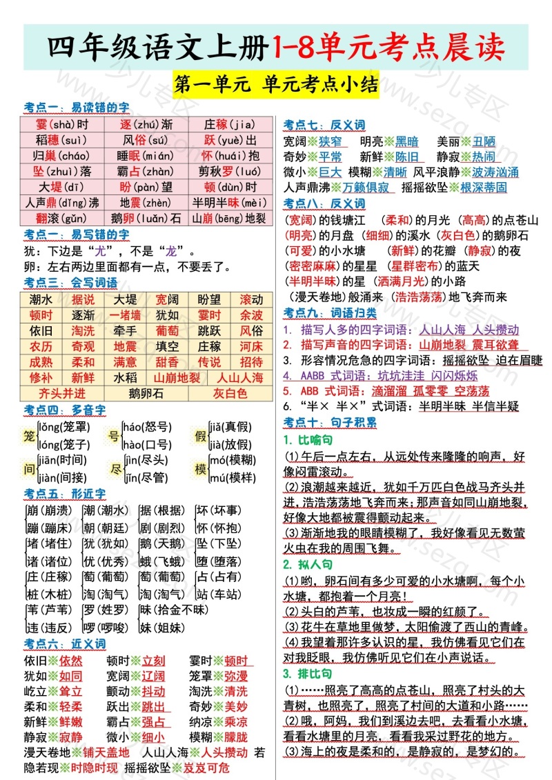 文档 四上语文1-8单元考点晨读 的截图预览 1