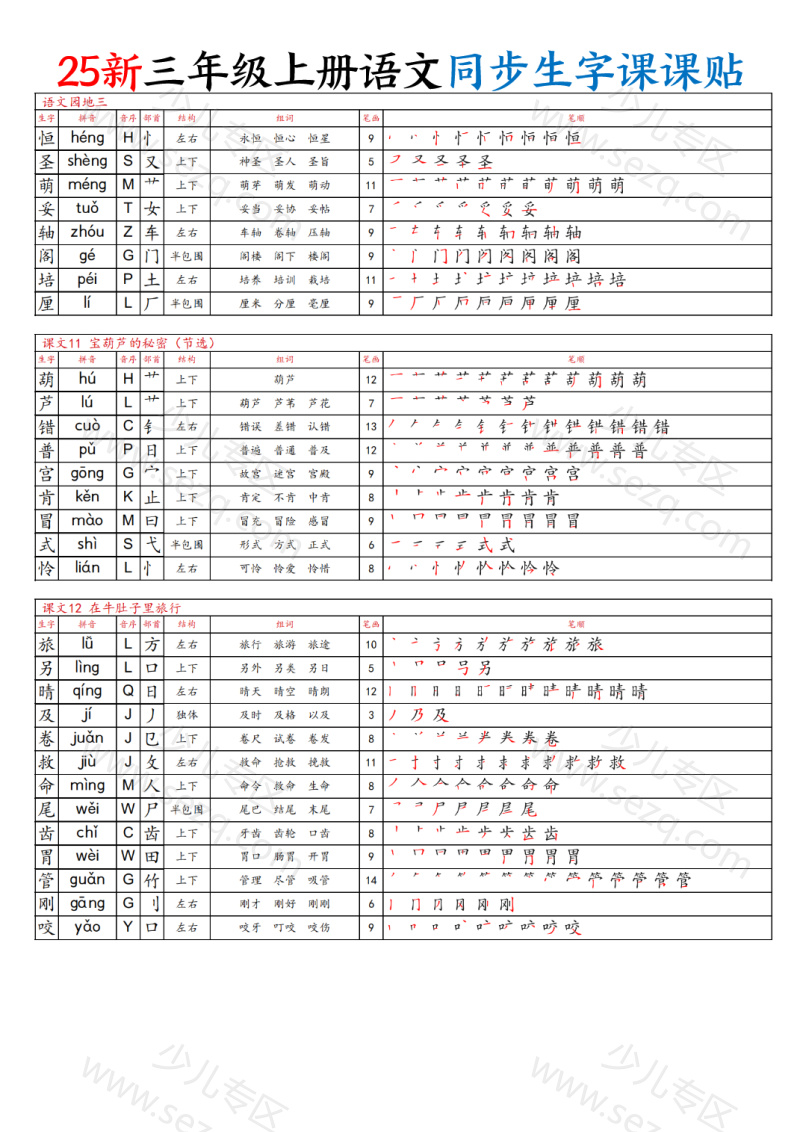 文档 25新三上语文同步生字课课贴 的截图预览 3