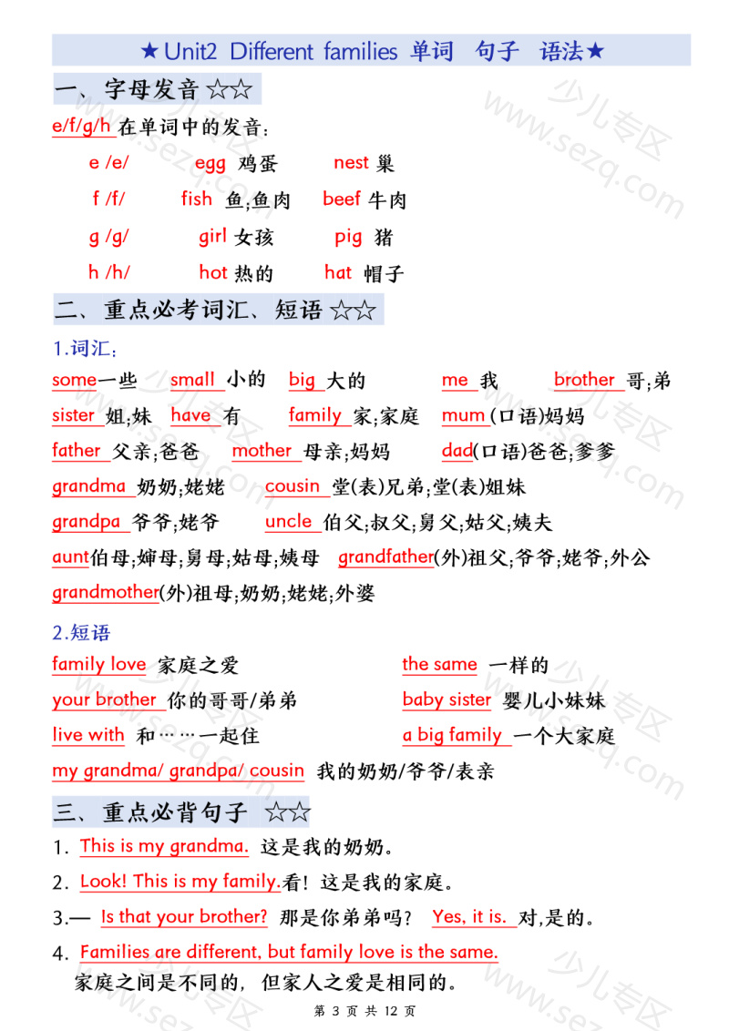 文档 25秋三上人教PEP版英语【必备知识点总结(学霸版)单词短语句型语法】 的截图预览 3