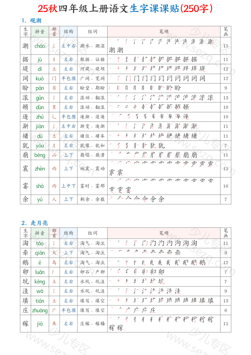 文档 25秋四上语文生字课课贴（生字组词笔顺笔画250字） 的截图预览 1