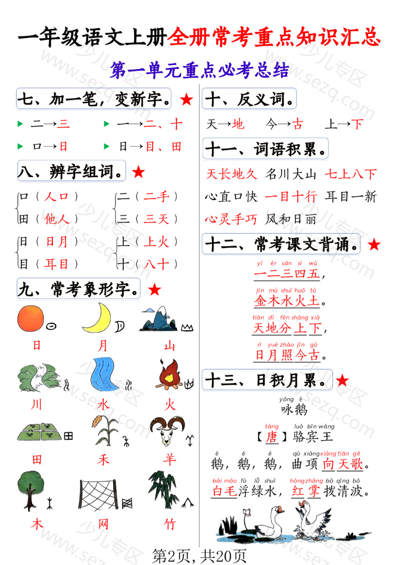文档 25秋一上语文全册1-8单元常考重点知识汇总 的截图预览 2