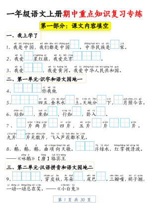 25新一年级上册语文期中重点知识复习专练（十大部分含答案）（30页）