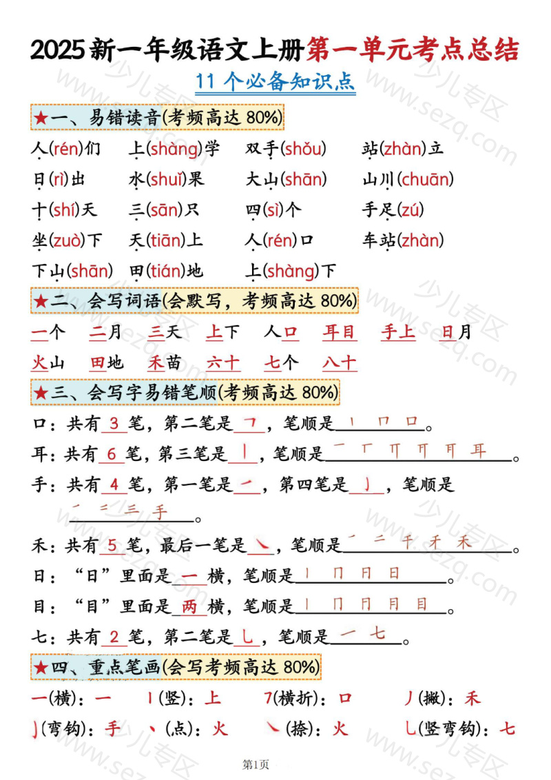 文档 25秋一年级(上)语文1-4单元考点总结 的截图预览 1