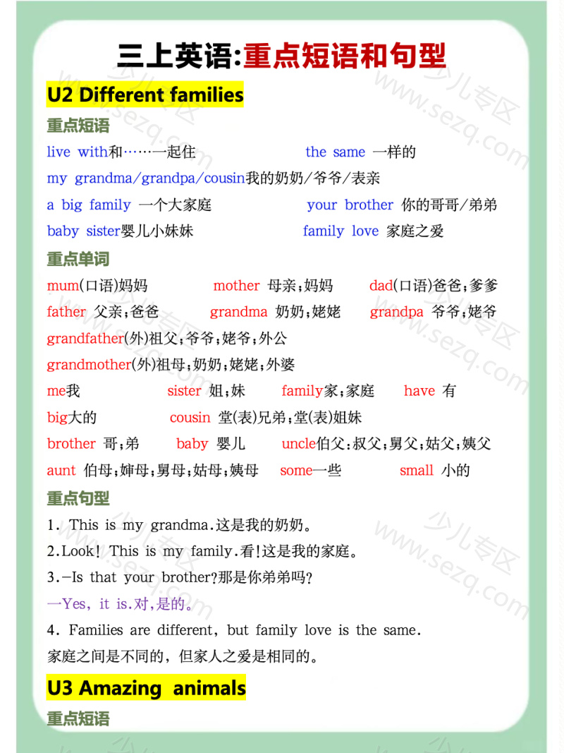 文档 三年级上册英语重点短语单词句子【人教版 的截图预览 2